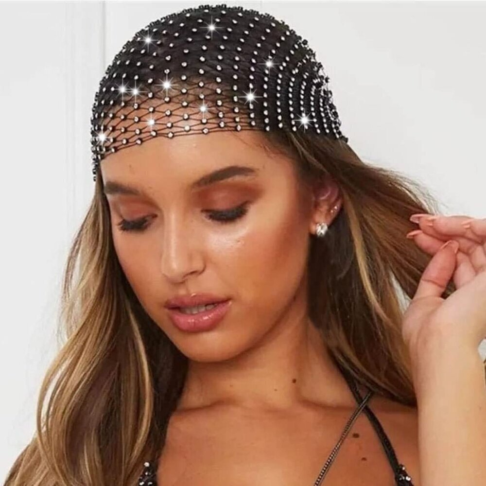 Rhinestone Headscarf Mesh Headband Sparkly Headwrap Rave Hair Accessory Women